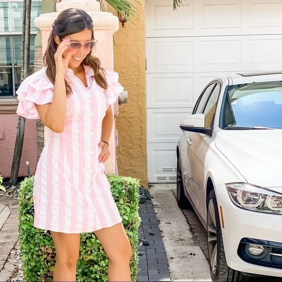 Magnolia Pink Candy Stripe Peplum Sleeve Dress - Picture 2 of 4